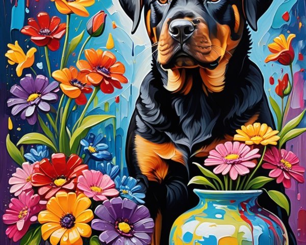 Rottweiler Surrounded by Colorful Vases and Flowers