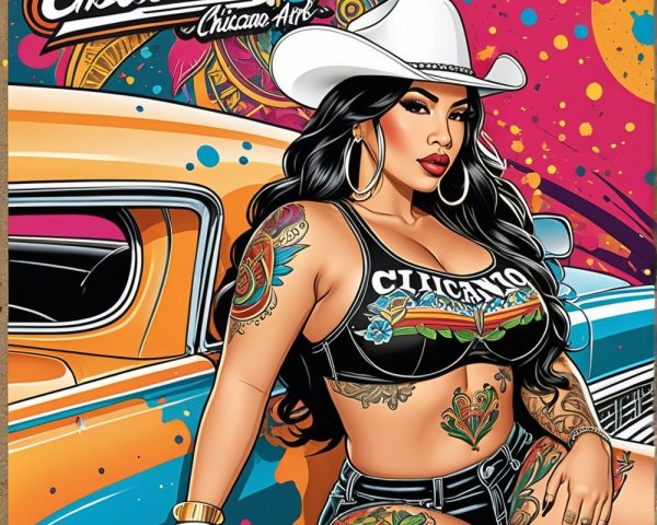 Vibrant Artwork of Confident Woman in Cowgirl Hat