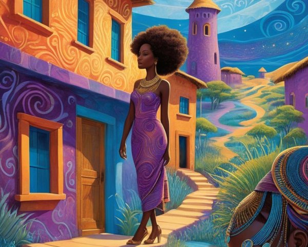 Two Women in Colorful Attire in Whimsical Village Scene