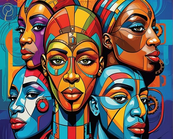 Vibrant Artwork of Stylized Faces with Geometric Patterns