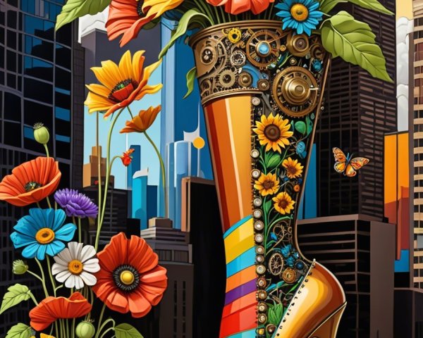 Oversized High-Heeled Boot with Flowers and Gears