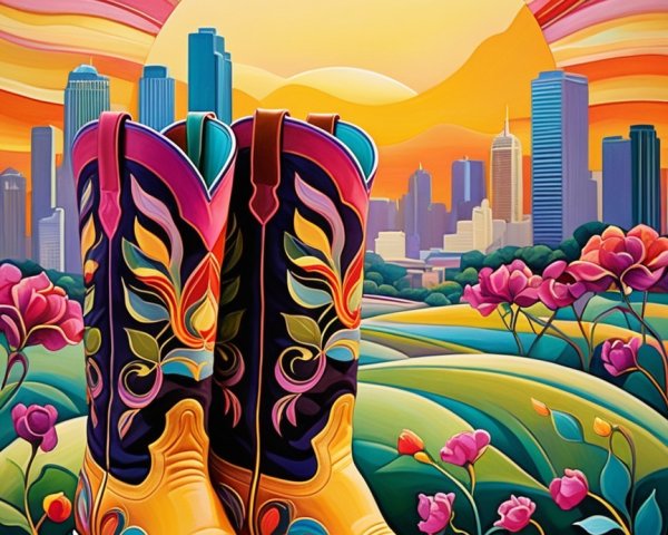 Vibrant Landscape with Cowboy Boots and Skyline