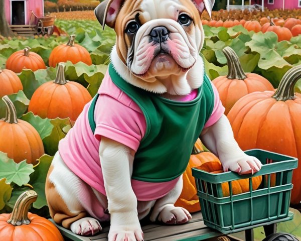 Bulldog in Pink Shirt Amidst Autumn Pumpkins