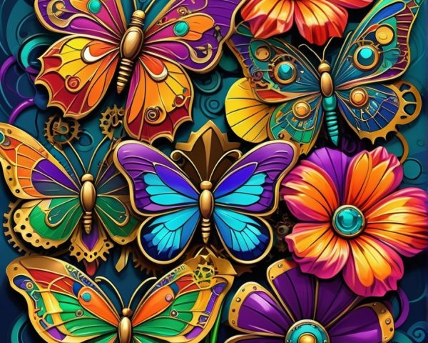 Intricate Butterflies and Colorful Flowers Composition