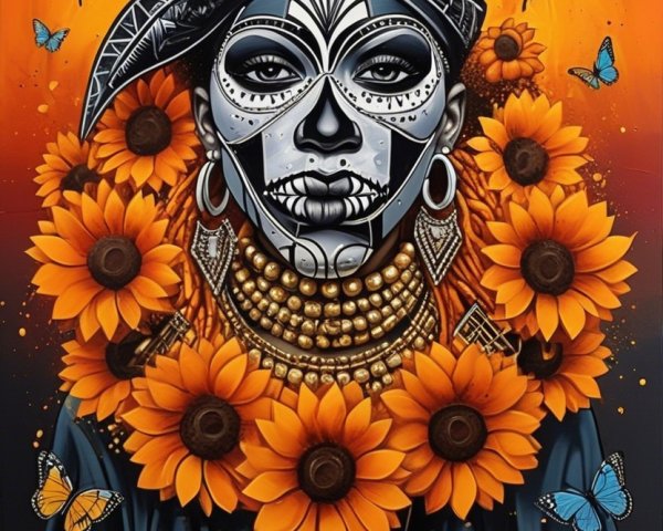 Figure with Skull Face Surrounded by Sunflowers and Butterflies