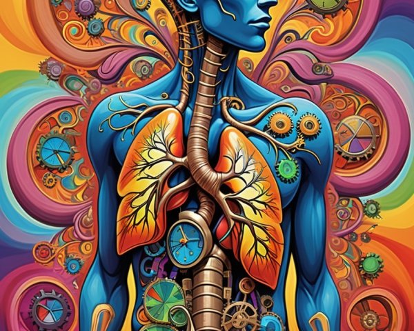 Stylized Human Figure with Gears and Clocks Background