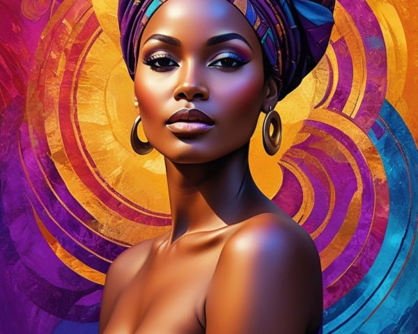 Portrait of a woman with vibrant headwrap and earrings