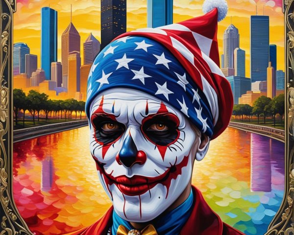 Colorful Clown Portrait with Urban Skyline Reflection