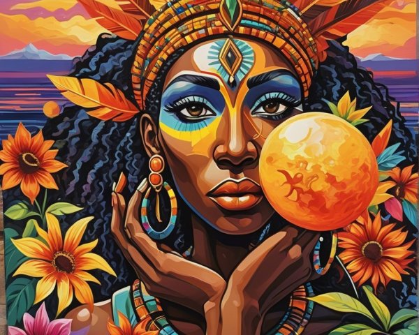 Vibrant Portrait of a Woman with Feathered Headdress