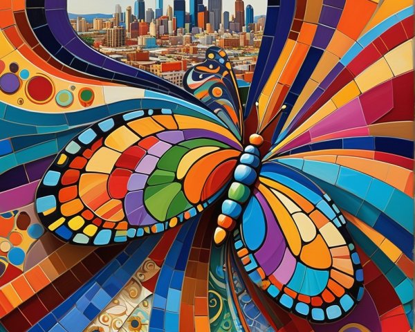 Abstract Butterfly with Mosaic Patterns and Cityscape