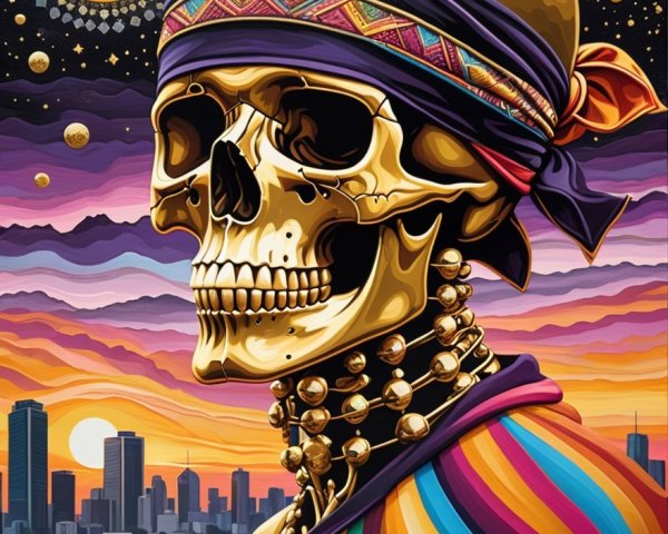Vibrant Skull Art with Sunset and City Skyline