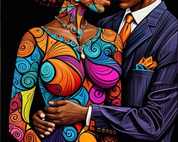 Stylized Couple Embrace with Intricate Patterns