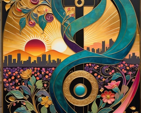 Vibrant Artwork with Cross and Sunrise City Skyline