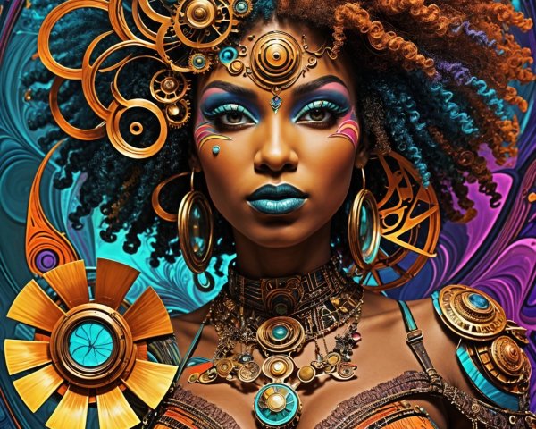 Portrait of a woman with vibrant hair and intricate outfit