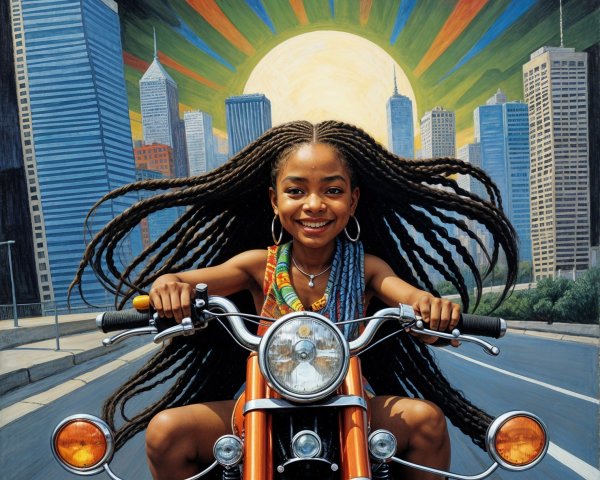 Vibrant Painting of Girl Riding Motorcycle in City