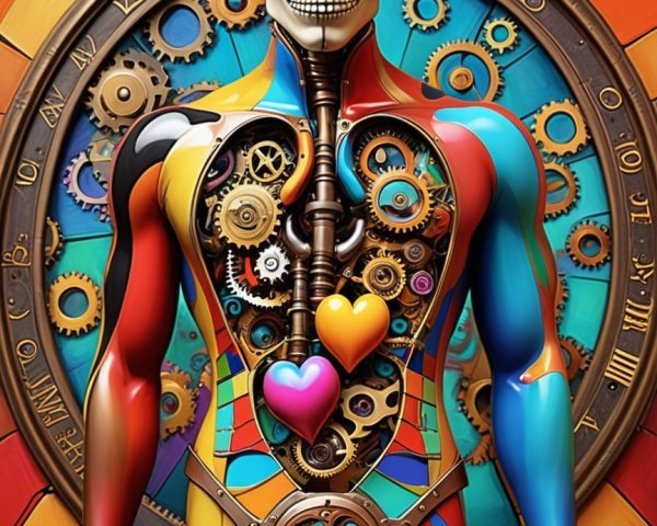 Vivid Humanoid Figure with Mechanical Elements and Colors