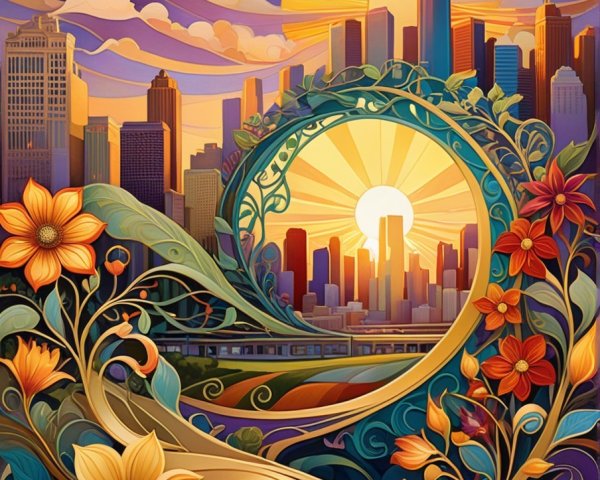 Vibrant Cityscape with Floral Frame and Sunburst