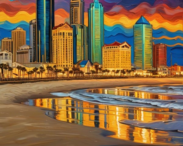 Vibrant City Skyline at Sunset with Tropical Elements