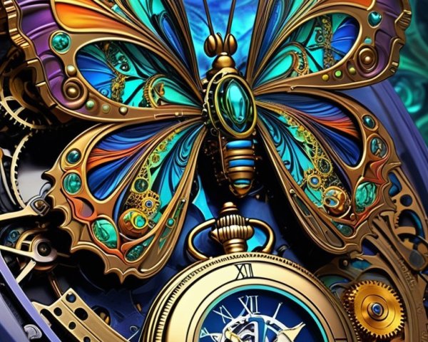 Butterfly and Vintage Clock Gears Artwork Description