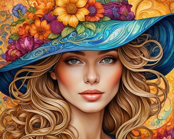 Illustration of a Woman in Floral Hat and Attire