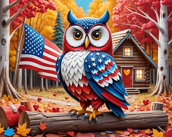 Cartoon Owl with American Flag in Autumn Setting
