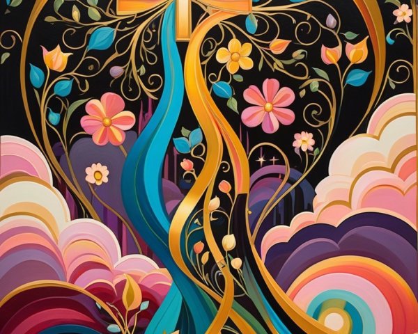 Vibrant Abstract Artwork with Golden Cross and Vines