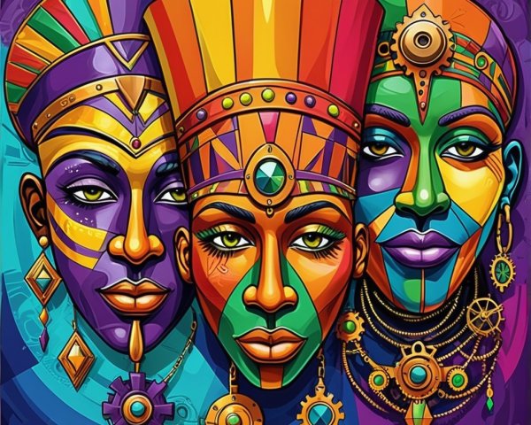 Intricate Female Figures with Vibrant Colors and Patterns