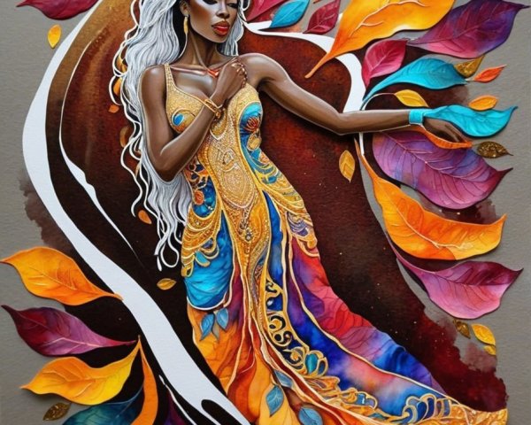 Elegant Woman in Vibrant Gown Surrounded by Leaves