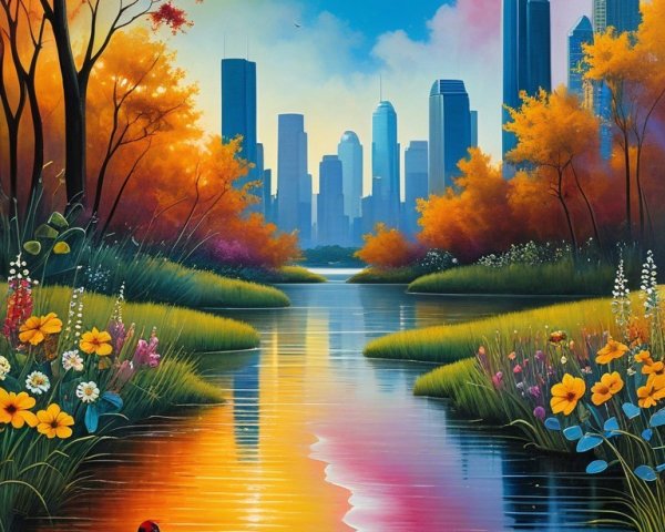 Vibrant Sunset Landscape with Tranquil River and City
