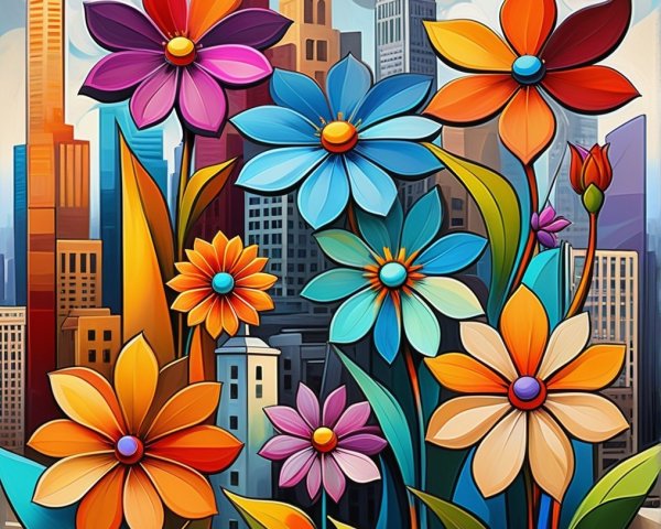 Colorful Flowers Against Whimsical Urban Skyline