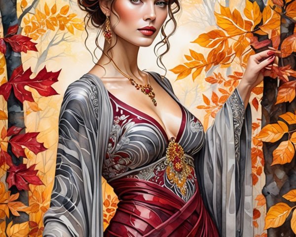 Elegant Woman in Autumn Leaves with Floral Accents