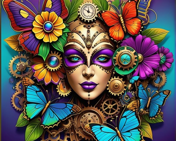Stylized Face with Vibrant Mask and Colorful Butterflies