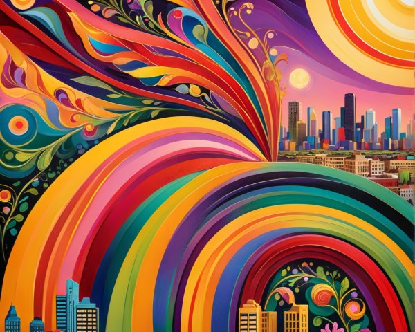 Vibrant Landscape with Colorful Patterns and Skyline