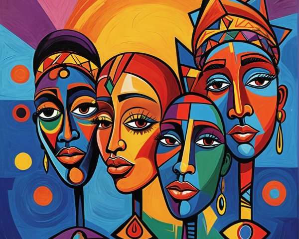 Vibrant Abstract Painting of Four Stylized Female Faces