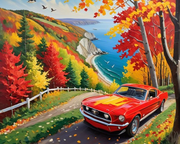Vibrant Autumn Landscape with Classic Red Mustang