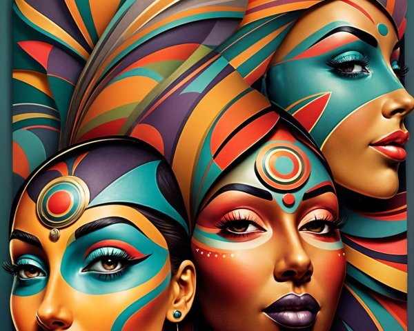 Stylized Women’s Faces with Vibrant Colors and Patterns