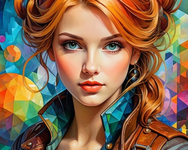 Young woman with red hair in colorful layered outfit