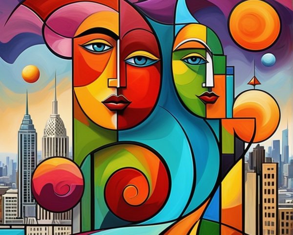 Vibrant Abstract Composition with Cityscape and Faces