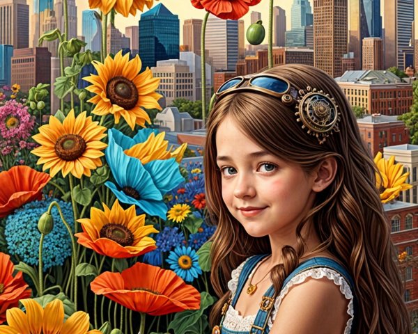 Young girl in blue overalls with flowers and skyline