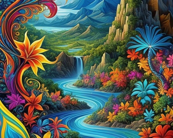 Vibrant Landscape with Flowers, River, and Mountains