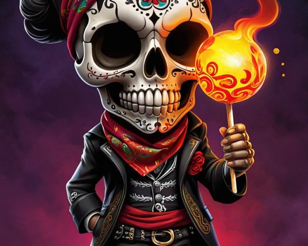 Vibrant Skeleton Character in Colorful Attire and Background