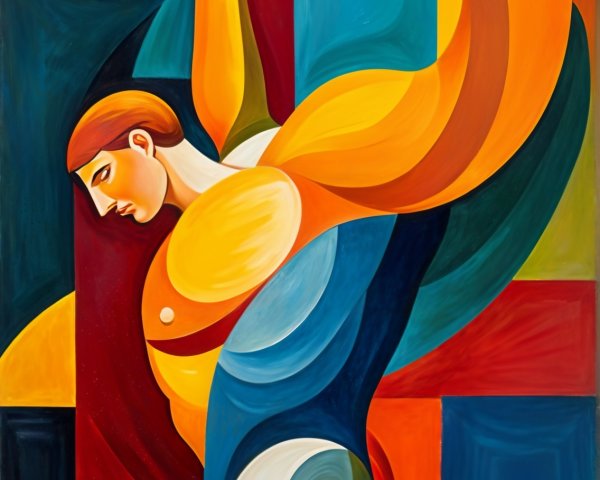 Muscular Figure with Curved Tool in Vibrant Geometry