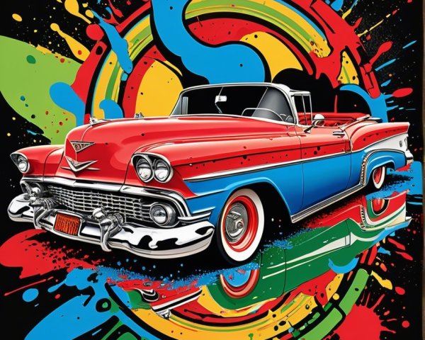 Retro Convertible Car Illustration with Colorful Splash