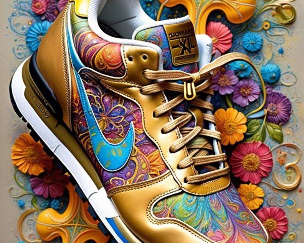 Vibrant Sneaker with Golden Patterns and Floral Designs