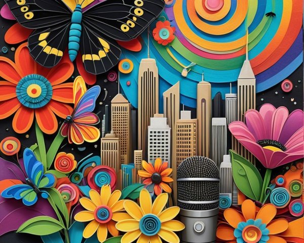 Vibrant Landscape with Flowers, Butterfly, and Skyscrapers