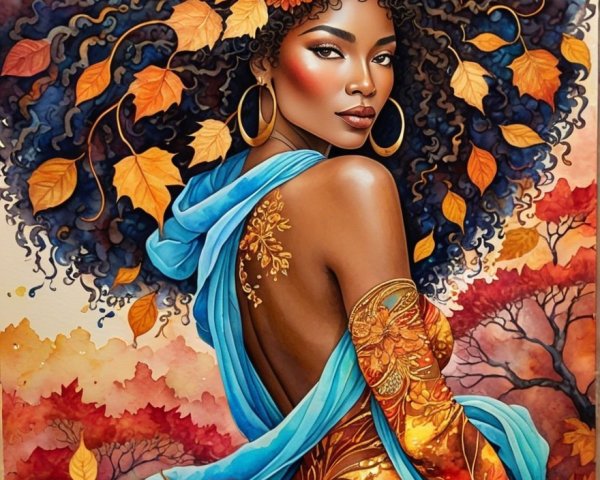 Woman with Curly Hair and Autumn Leaves Artwork