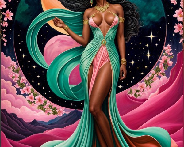 Woman in Flowing Turquoise and Coral Gown Against Stars