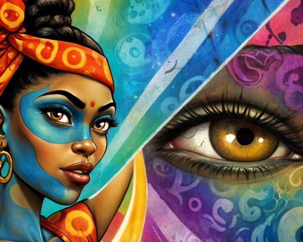 Vibrant Portrait of a Woman with Blue Skin and Patterns