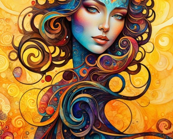 Vibrant Artwork of a Stylized Woman with Colorful Hair
