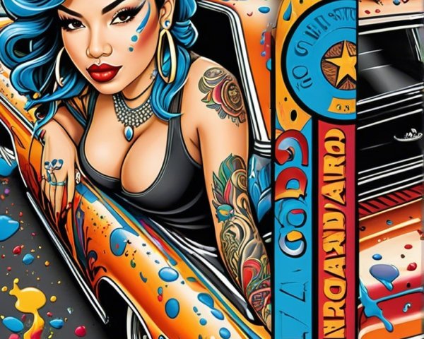 Vibrant Illustration of Woman in Vintage Car